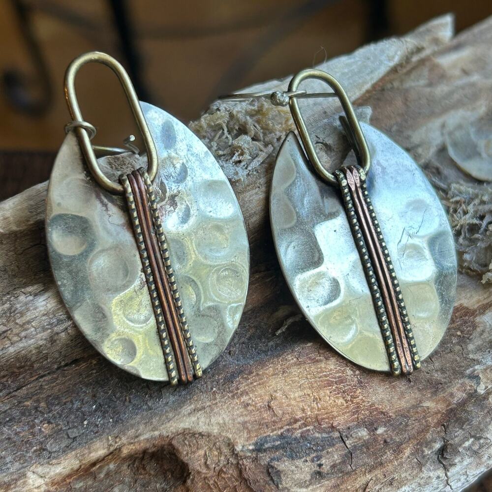 Artisan Mixed Metal Dangle Hook Earrings 2" Silverplate Brass Copper